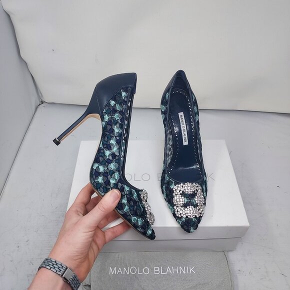 Manolo Blahnik Shoes - MANOLO BLAHNIK Hangisi Blue Lace Pumps